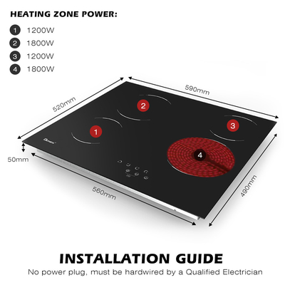 220V-240V 4 বার্নার ইলেকট্রিক কুকটপ বিল্ট ইন 24 ইঞ্চি সিরামিক কুকটপ 6000W